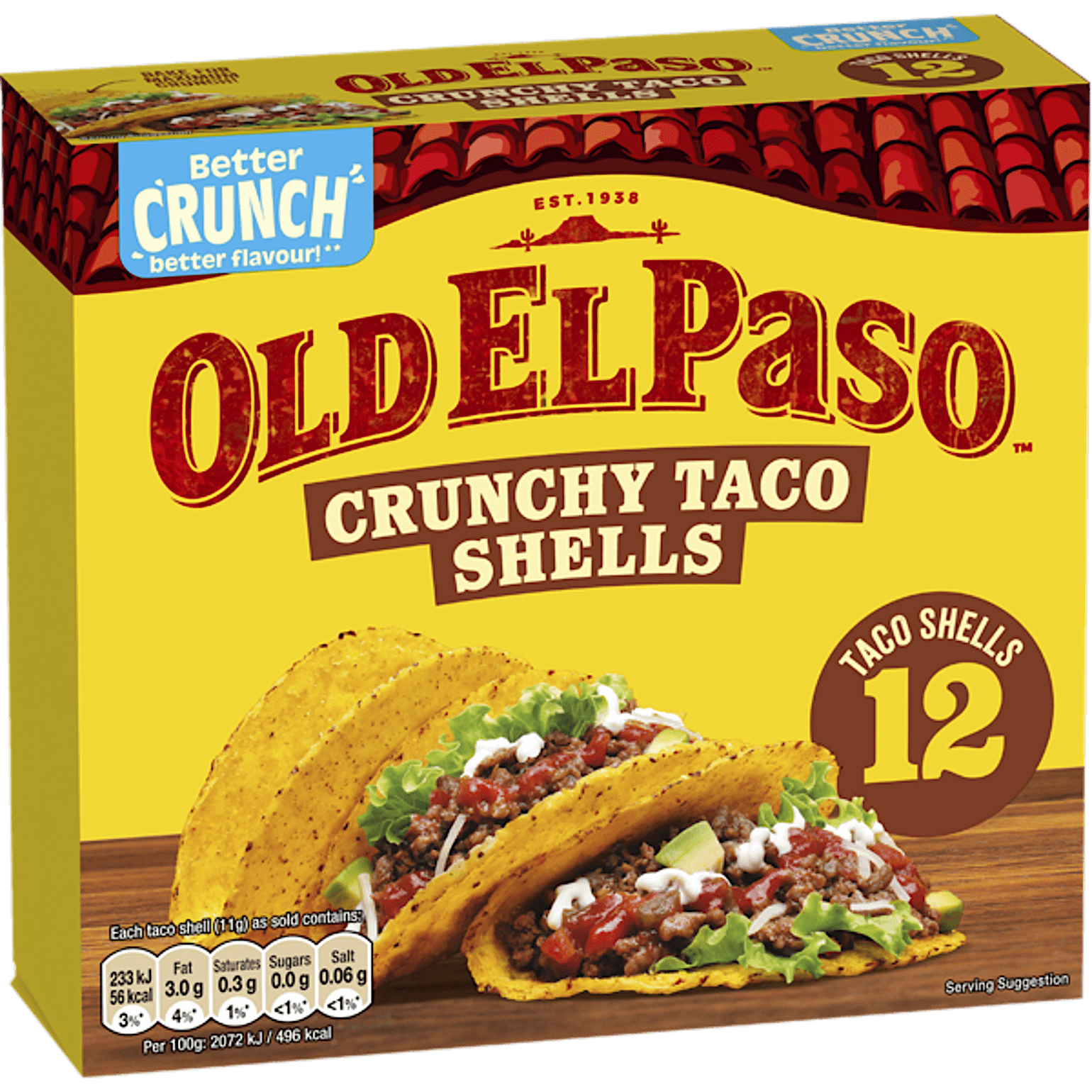 Crunchy Taco Shells packaging with 12 crunchy taco shells displayed on a yellow box.